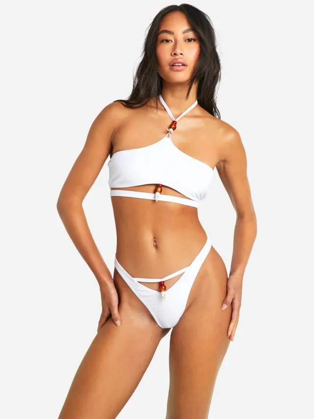 boohoo Dames Beaded Shell Trim Hipster Bikini Brief Wit
