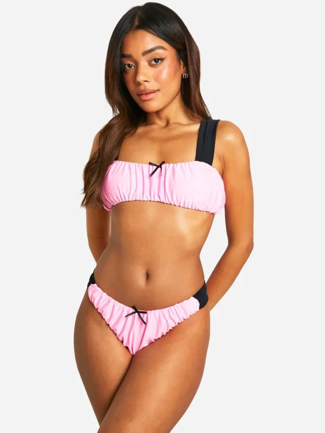 boohoo Dames Geraffelde Tanga Contrast Bikini Slip Baby Roze