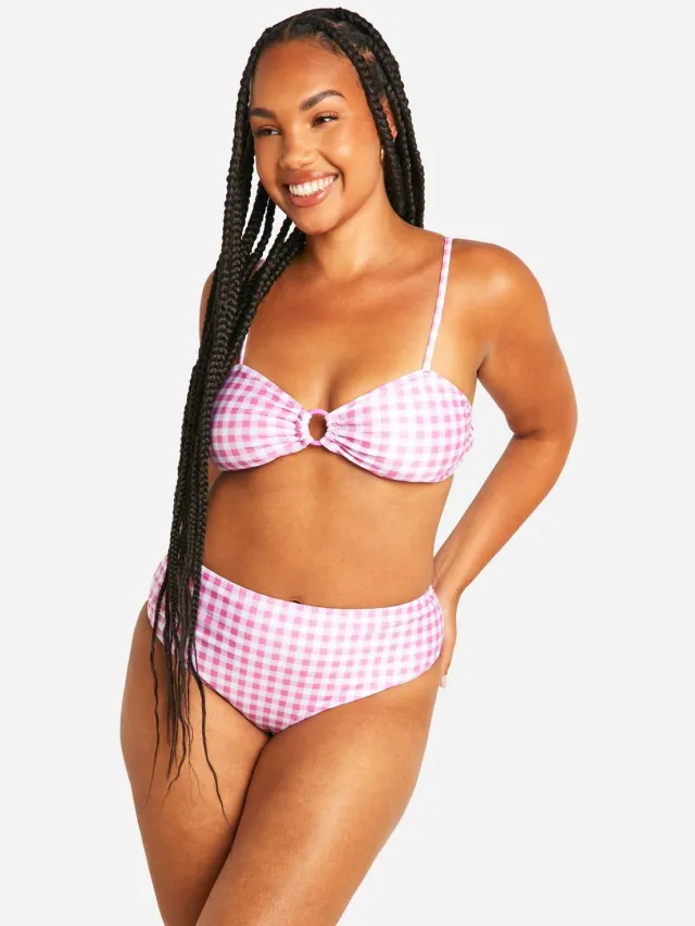 boohoo Dames Plus ruitjesprint high waist bikinislip Roze