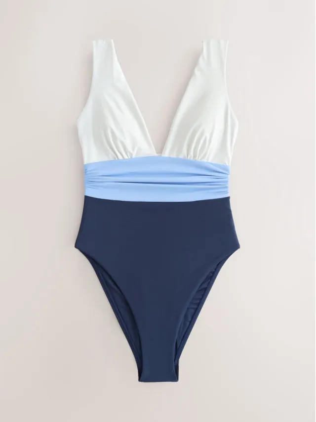 Next Dames - Diepuitgesneden buikbedekkend badpak - Tall - Wit Navy/White