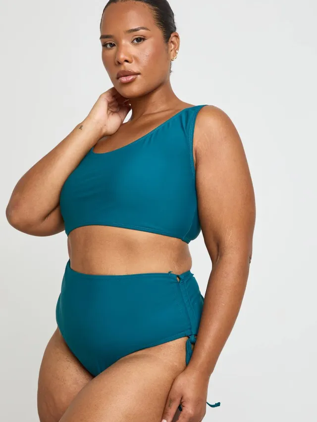 boohoo Dames Plus Buikcontrole Geplooid Hoge Taille Bikinibroekje Groenblauw
