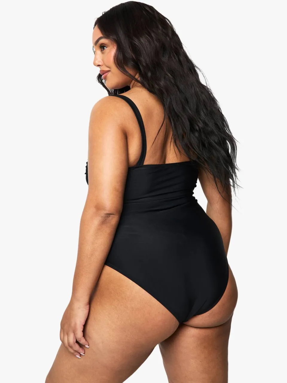 boohoo Dames Plus Buikcontrole Badpak met geraffelde zijkant zwart, foto 2
