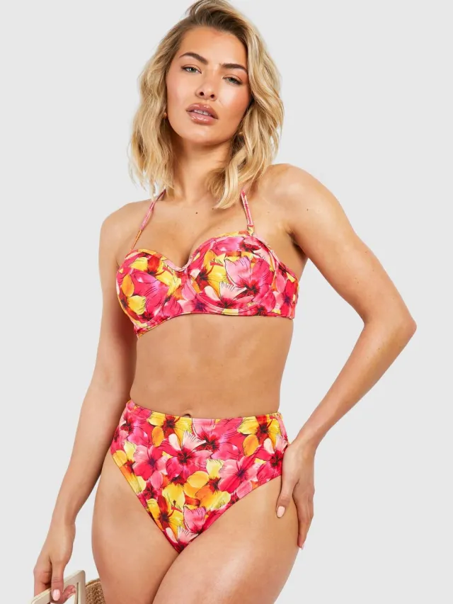boohoo Dames Tropische hoge taille bikini slip Roze