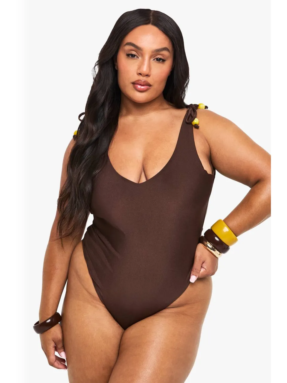 boohoo Dames Plus Kralencharme rugloze badpak Chocoladebruin