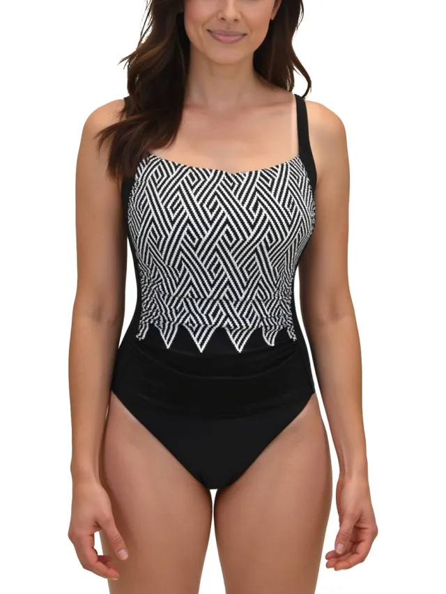 Vivisence Eendelig Badpak Dames - Zwempak Gevoerde Cups Buikcorrigerend - Badmode Strandkleding - Zwart-Wit