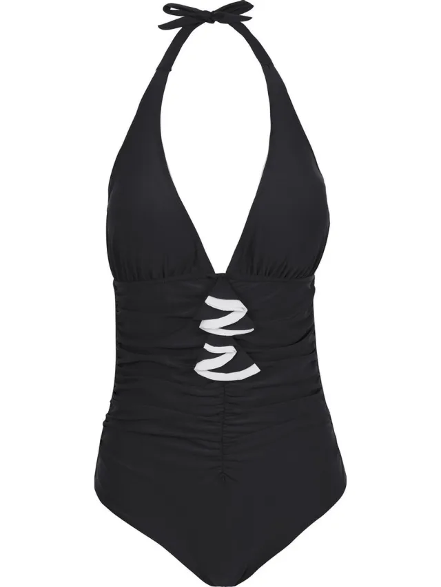 La V Badpak dames met striksluiting in de nek Zwart - XL(Valt klein)