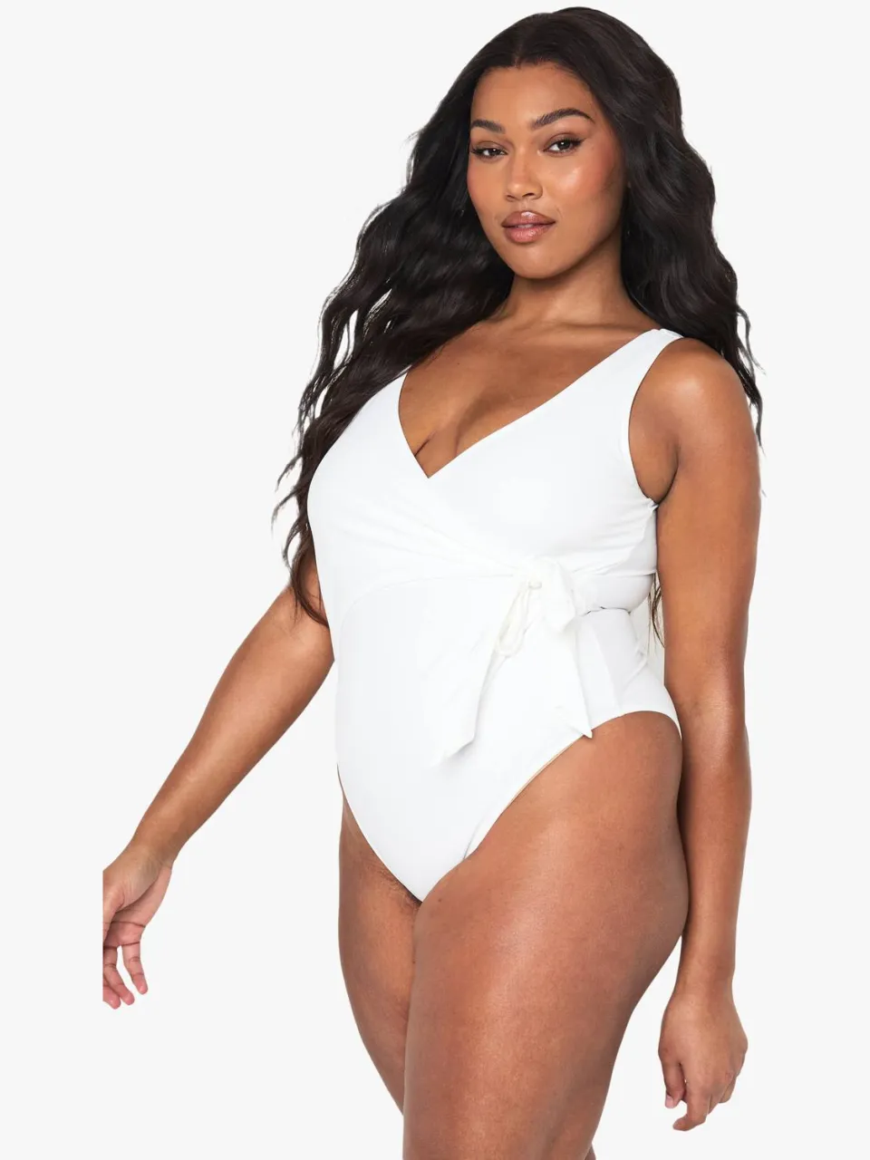 boohoo Dames Plus Swimwear Essentials Buikcontrole Wikkelbadpak wit, foto 3