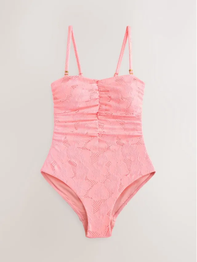 Next Dames - Vormgevend, buikcorrigerend bandeaubadpak - Tall - Roze Neon Pink Broderie