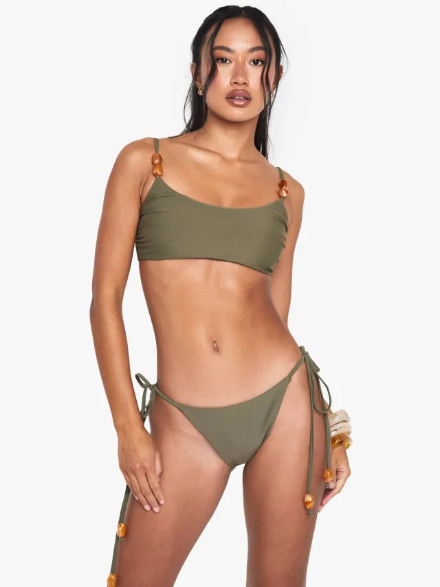 boohoo Dames Resin Stone Scoop Neck Bikini Top Kaki
