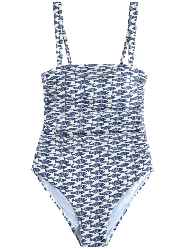 Next Dames - Gerimpeld buikcorrigerend bandeaubadpak - Tall - Crème Cream/Navy Blue Sardine