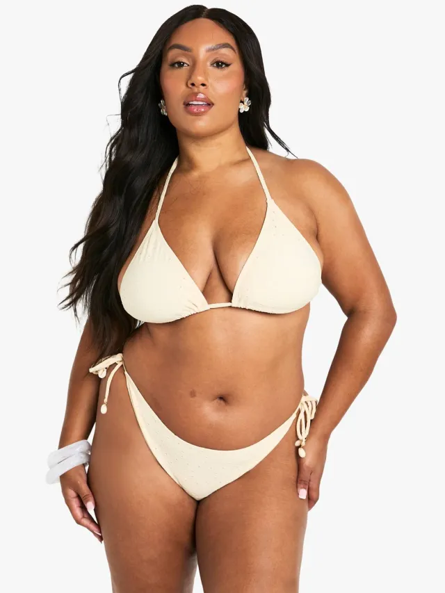 boohoo Dames PLUS SCHELPTRIM BORDUURWERK STRIK VOORZijDE HIGHWAIST BIKINI Citroen