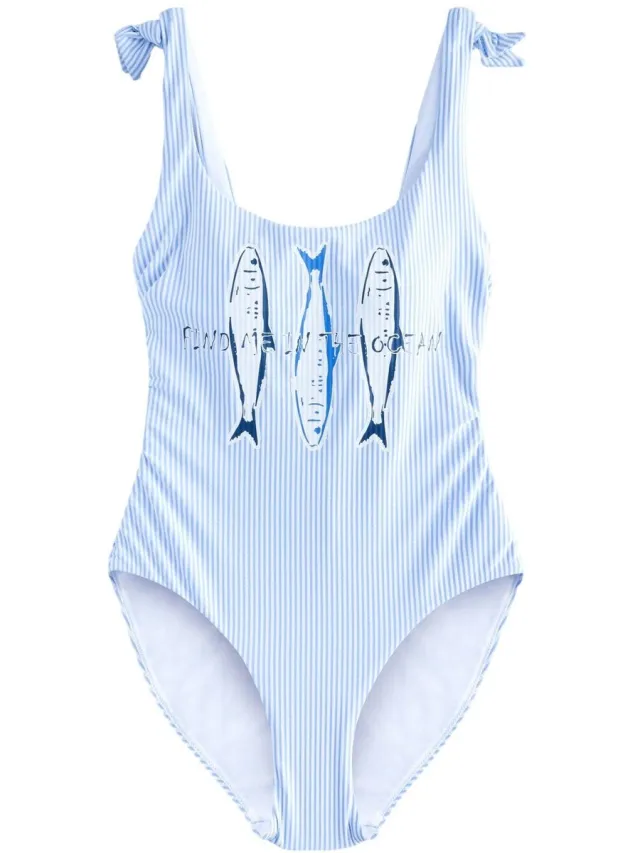 Next Dames - Buikcorrigerend badpak met watervalhals - Blauw Blue/White Stripe Sardine Print