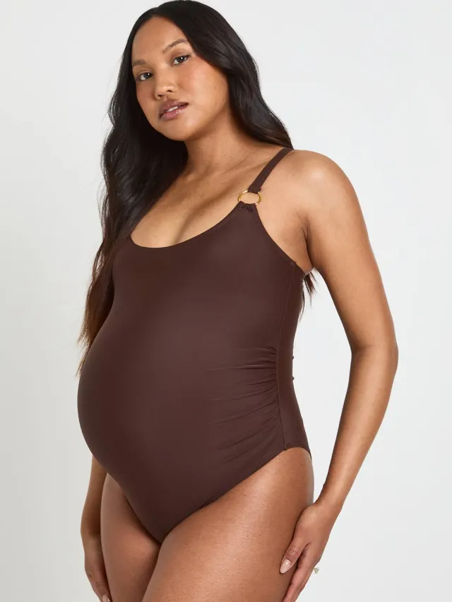 boohoo Dames Zwangerschapsbadpak Met Detail Aan De Hals En Ronde Halslijn chocoladebruin, foto 2