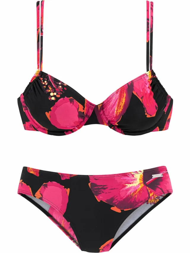 Beugelbikini bloemenprint zwart zwart geprint