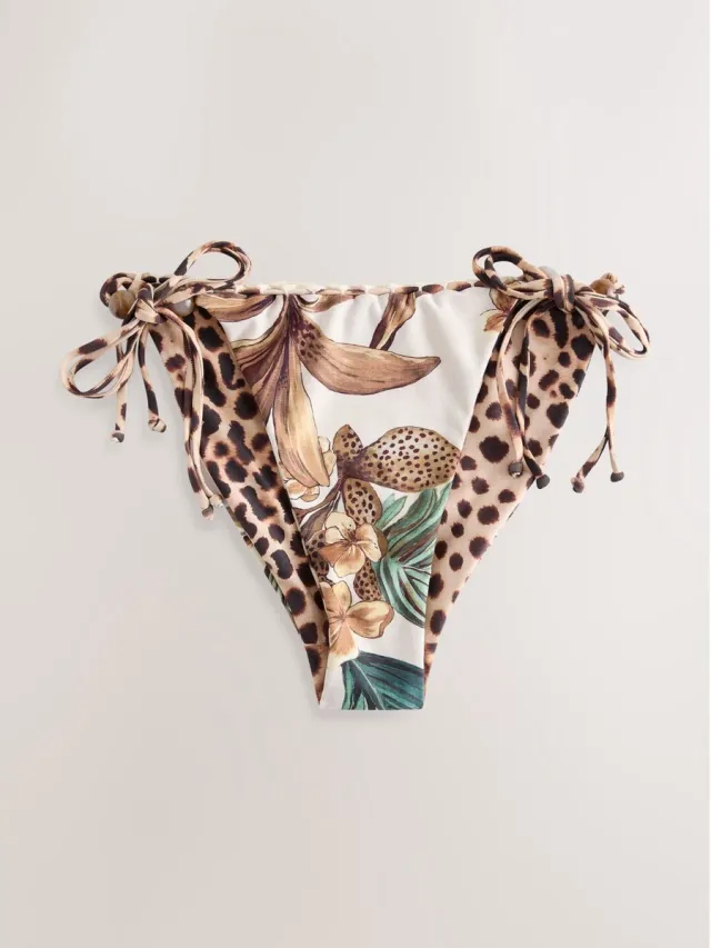 Next Dames - Omkeerbare bikinislip met strik opzij - Bruin Cream Animal Palm