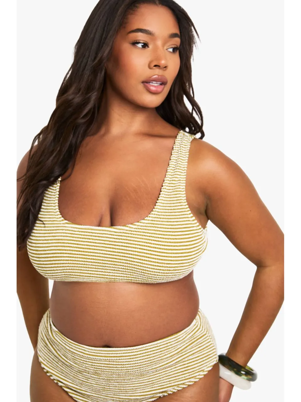 boohoo Dames Plus getextureerde gestreepte high-waist bikini olijf, foto 4