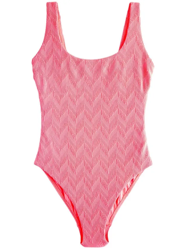 Next Dames - Buikbedekkend badpak met ruime ronde hals - Roze Neon Coral Pink Textured