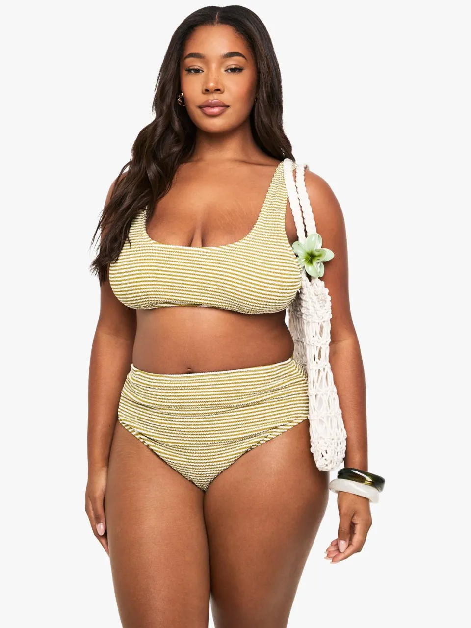 boohoo Dames Plus getextureerde gestreepte high-waist bikini olijf, foto 3