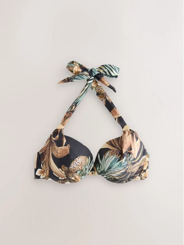 Next Dames - Vormgevende bikinihaltertop met vulling en beugels - Dierenprint Black Leopard Palm