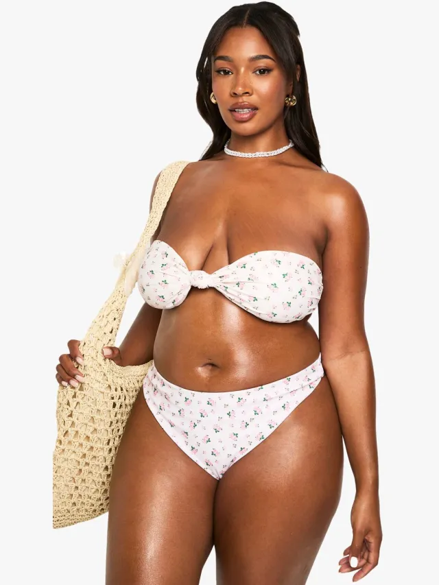 boohoo Dames Plus SWIMWEAR ESSENTIALS DITSY FLORAL HIGH WAIST BIKINI BOTTOMS Roze