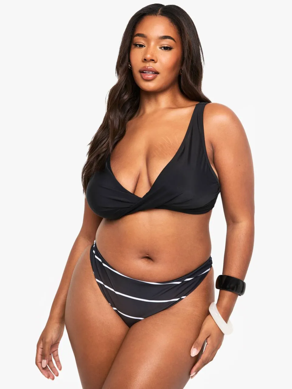 boohoo Dames Plus Zwemkleding Essentials Hoge Taille Gestreepte Slip zwart, foto 3