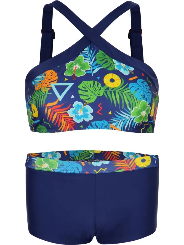 La V Bikini hipsterbroekje en croptop met brede bandje Tropical flowers 164-170 Tropical Navy