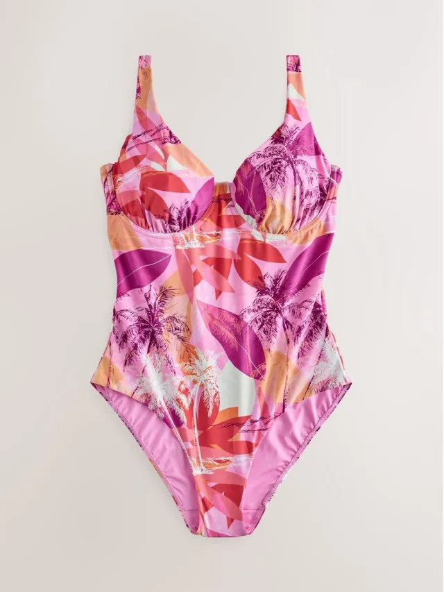 Next Dames - Buikcorrigerend DD+ badpak met beugel - Oranje Pink/Orange Palm