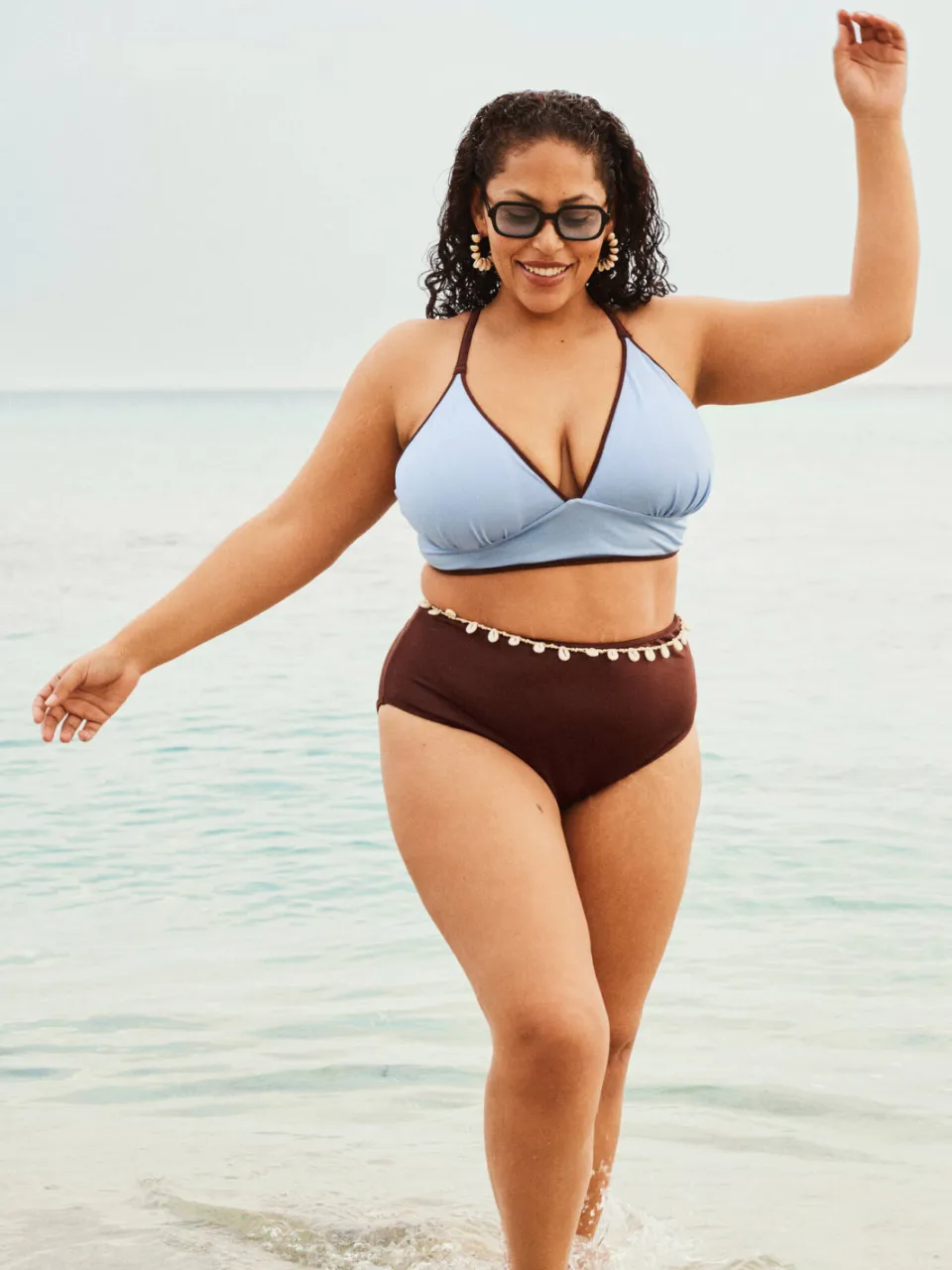 Zizzi reversible high waist bikinibroekje SENYA bruin/lichtblauw, foto 4