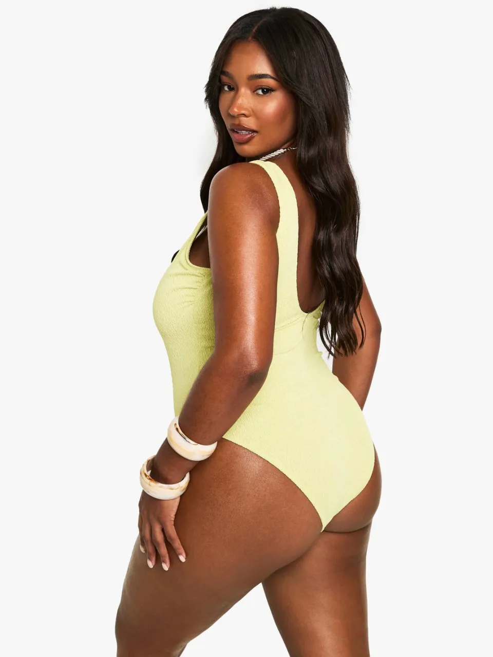 boohoo Dames Plus Swimwear Essentials Crinkle Scoop Neck Badpak olijf, foto 2