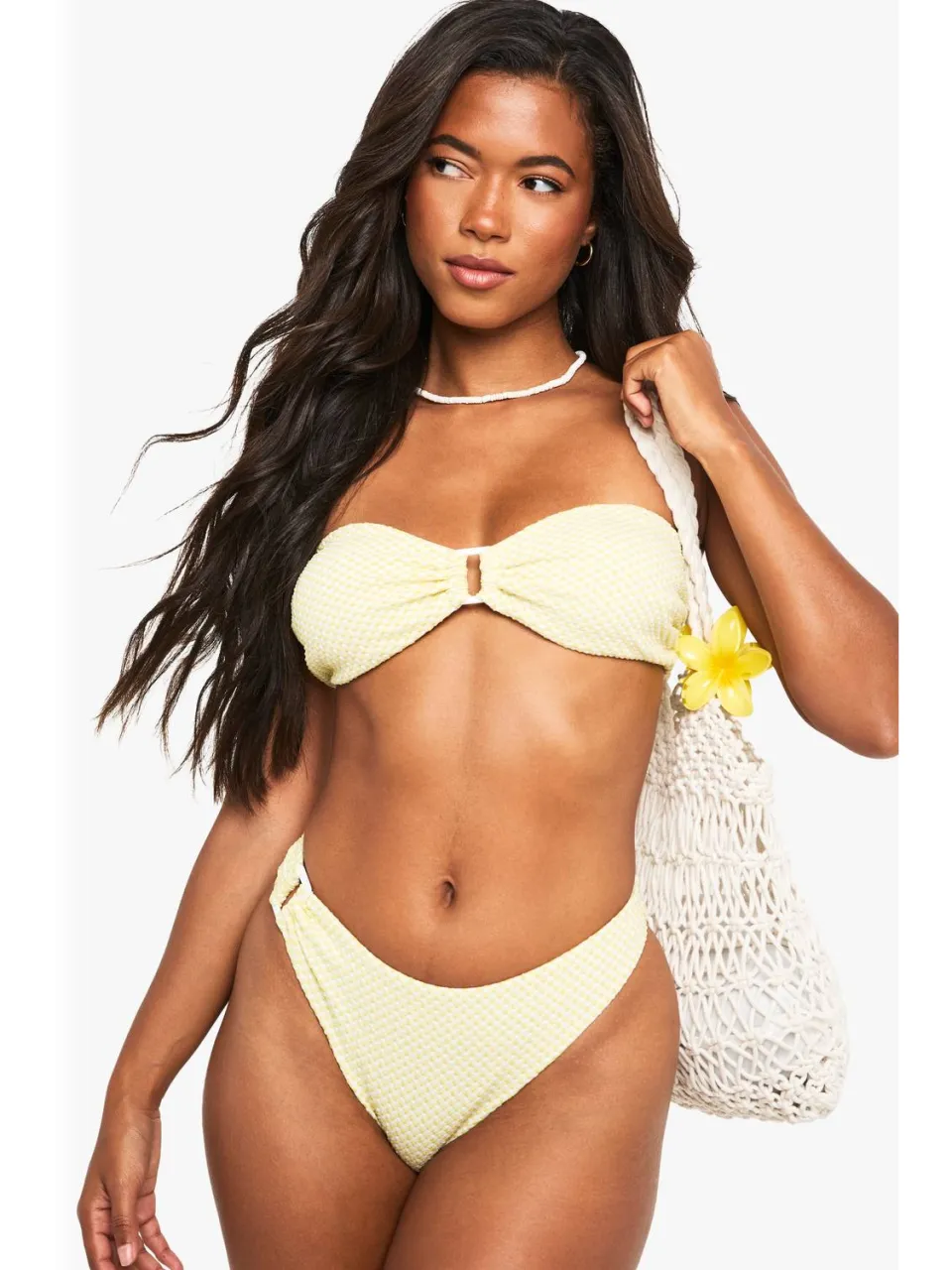 boohoo Dames Seersucker Gingham Trim Bandeau Bikini Top lichtgroen, foto 3