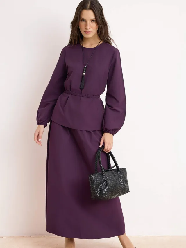 Trendyol Paarse platte lange dameshijab broek-top set voor dagelijks gebruik Rood
