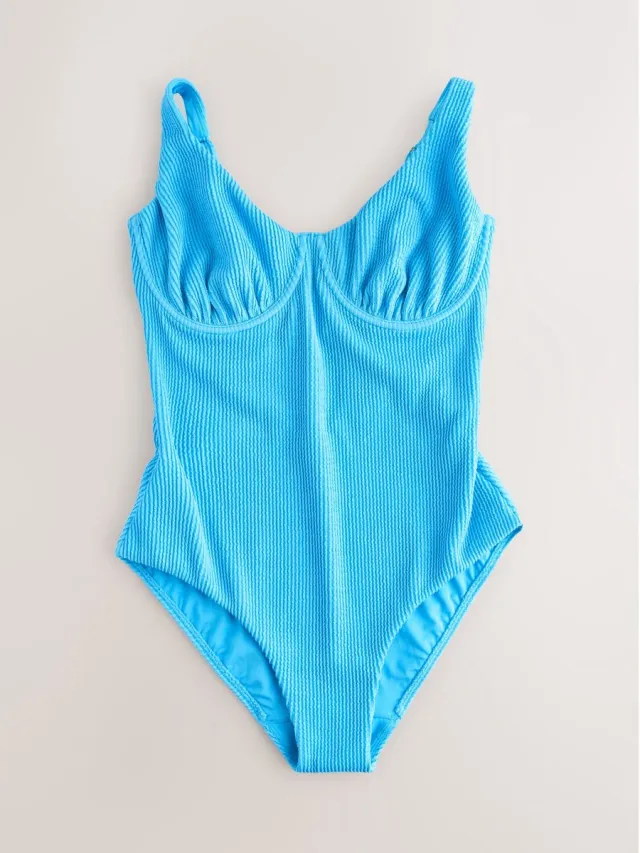 Next Dames - Buikcorrigerend DD+ badpak met beugel - Blauw Aqua Blue Crinkle
