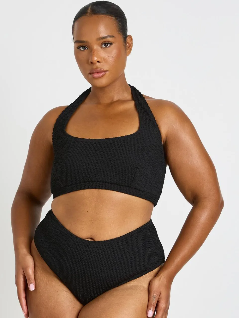 boohoo Dames Plus Crinkle Vierkante Halslijn Top & Hoge Taille Bikini zwart, foto 3