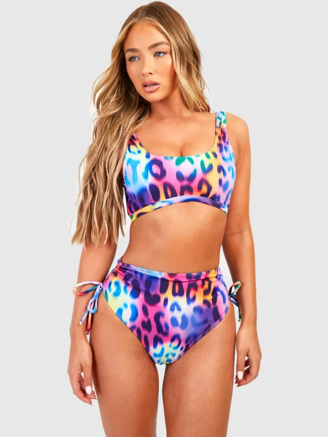 boohoo Dames Luipaard longline scoop bikini top Violet