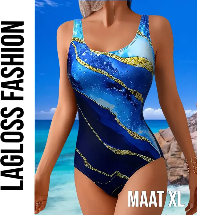 LaGloss Blauw Gouden Badpak – Elegant Damesbadpak met Abstracte Print & Buikcontrole –