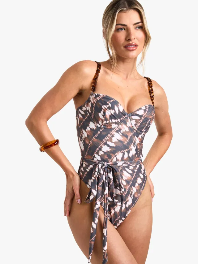 boohoo Dames Tie Dye Print Kettingband Tie Front Onderbeugelde Badpak Multicolor