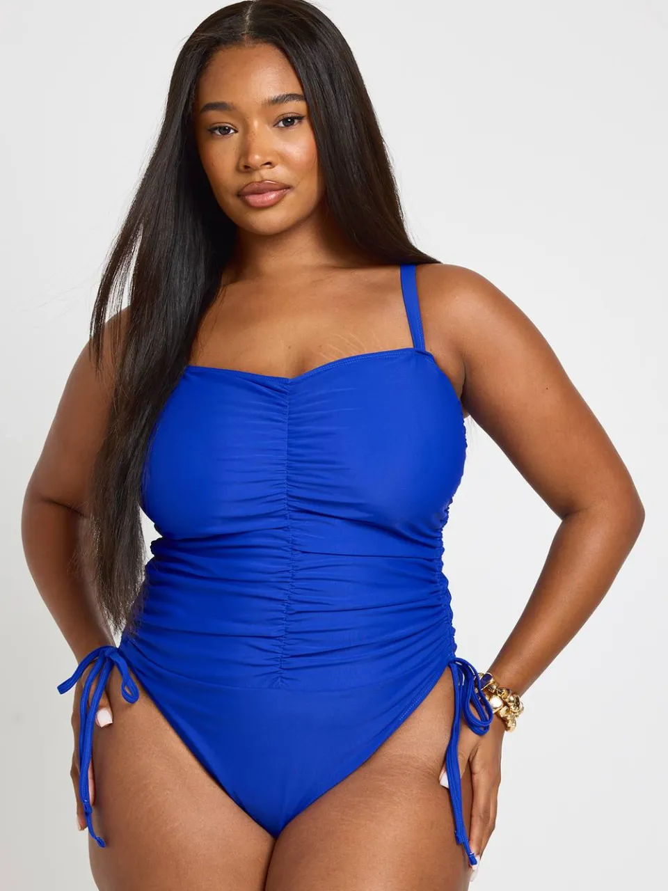 boohoo Dames Plus Buikcontrole Badpak Met Gerimpeld Voorpand En Strikdetail kobaltblauw, foto 3