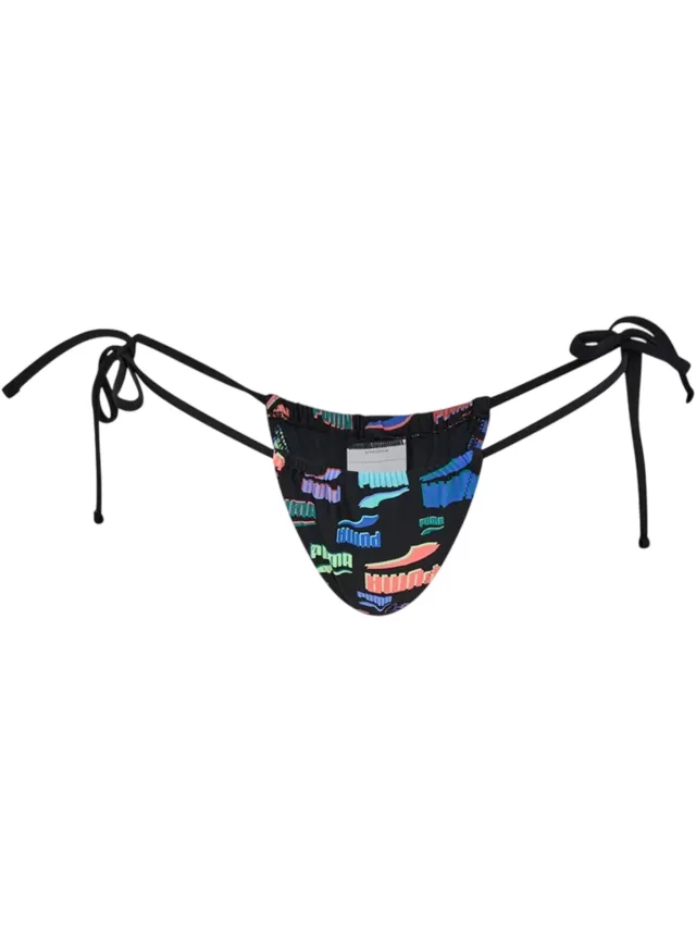 Puma Dames Tanga Graphic Print Bikinibroek met Zijden Veters (Zwart/Multikleur)