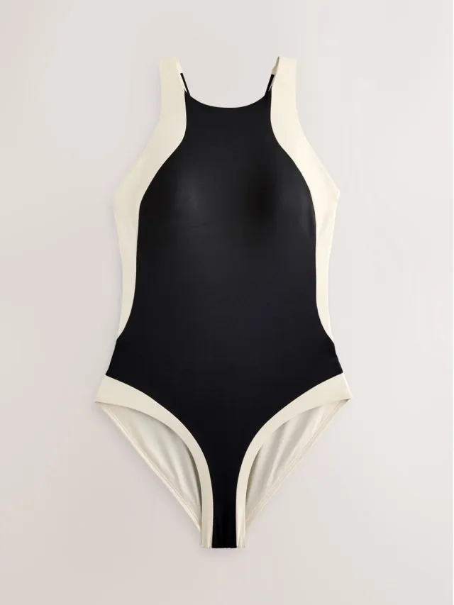 Next Dames - Buikcorrigerend halterbadpak met hooggesloten hals - Zwart Black/Ecru