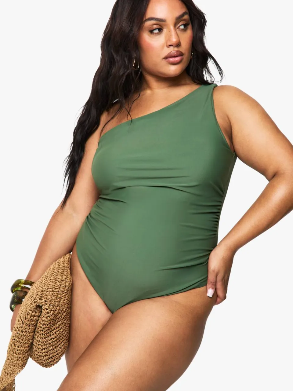 boohoo Dames Plus Tummy Control een-schouder badpak kaki, foto 4
