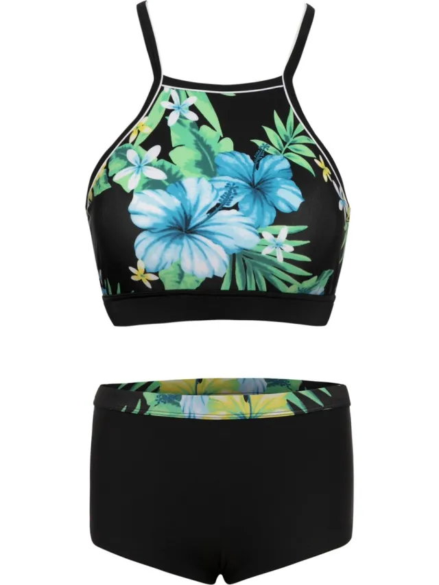 La V Bikini hipster broekje en cro top met racerback - Tropical flower black 140-146 Zwart-groen