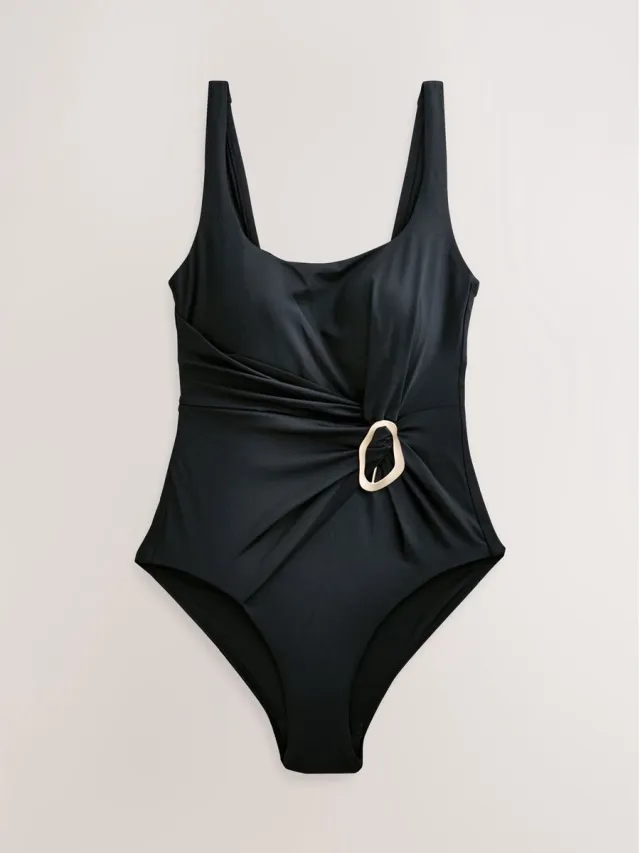 Next Dames - Buikcorrigerend badpak met gedraaide watervalhals - Zwart Black/Gold Hardware