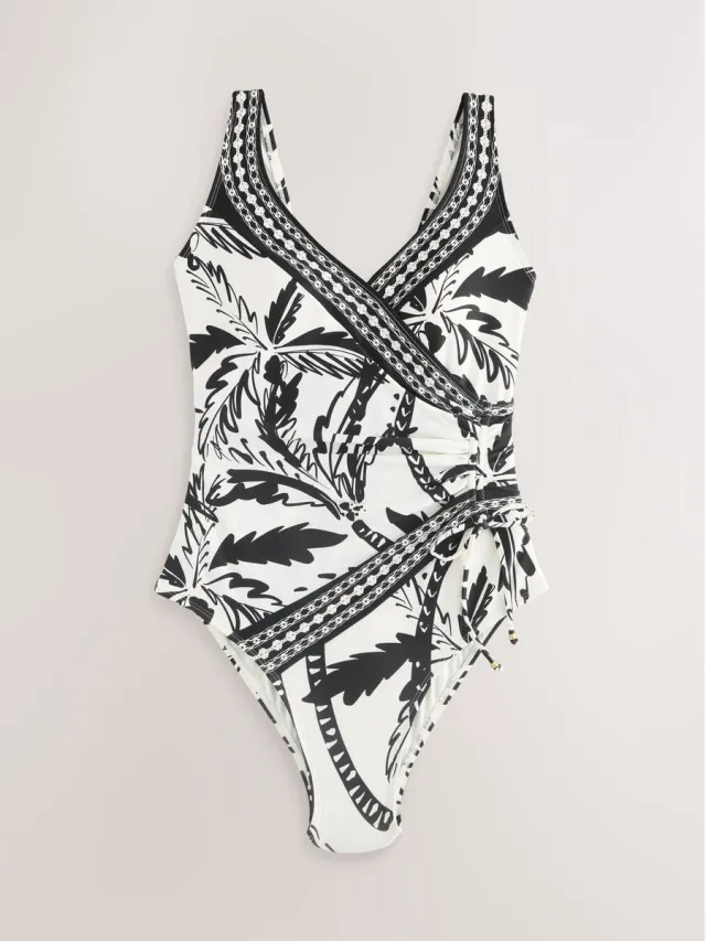 Next Dames - Vormgevend en buikcorrigerend badpak met gerimpelde zijkant - Crème Black/Cream Palm
