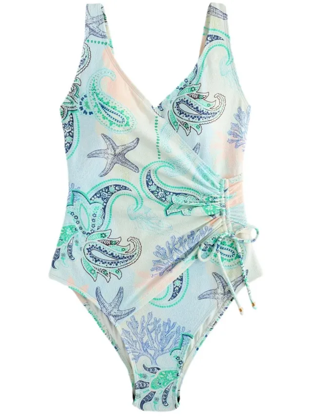 Next Dames - Vormgevend en buikcorrigerend badpak met gerimpelde zijkant - Crème Pastel Blue/Cream Octopus Textured