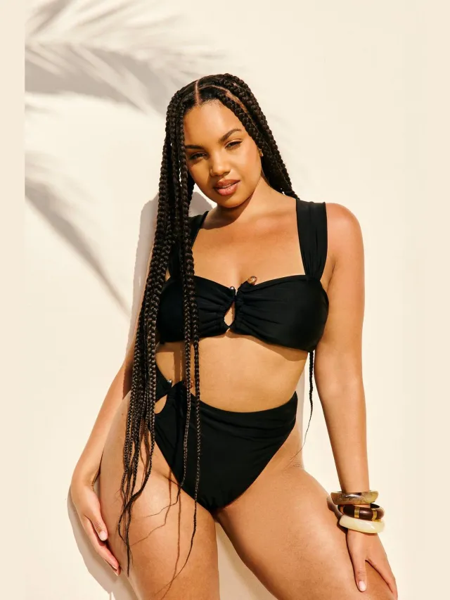 boohoo Dames Plus Bead Trim High Waisted Bikini Set Zwart