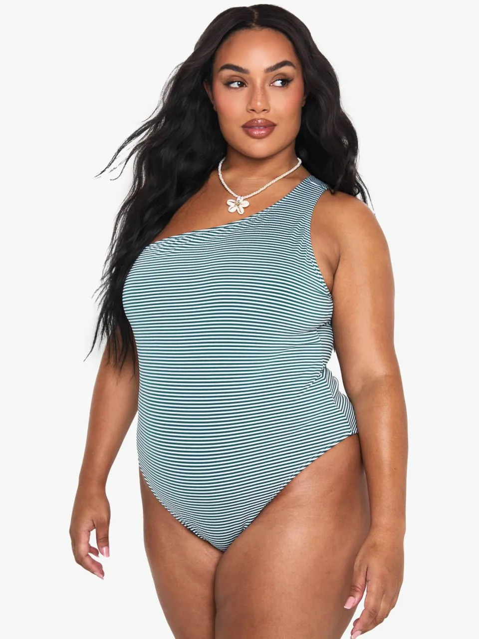 boohoo Dames Plus Seersucker gestreept een-schouder badpak groente, foto 3