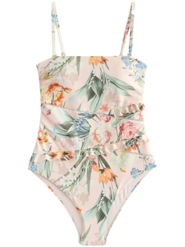Next Dames - Buikcorrigerend bandeaubadpak met ladderinzet en ruches - Roze Pink Floral