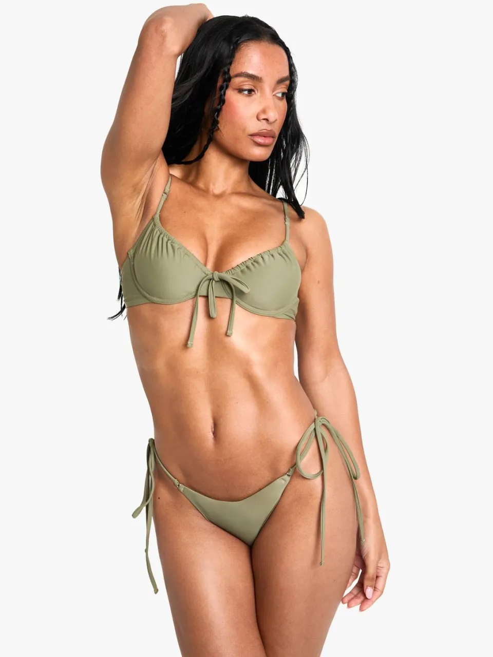 boohoo Dames Petite Zwemkleding Essentials Brief met strik aan de zijkant Kaki