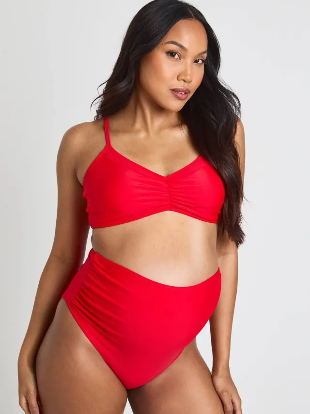 boohoo Dames Zwangerschaps Hoge Taille Gerimpeld Bikinibroekje Rood