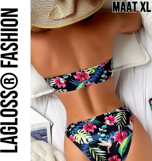 LaGloss Strapless Bikini Tropische Print Maat XL – 2-delige Bikini - Zomer Strandkleding Blauw
